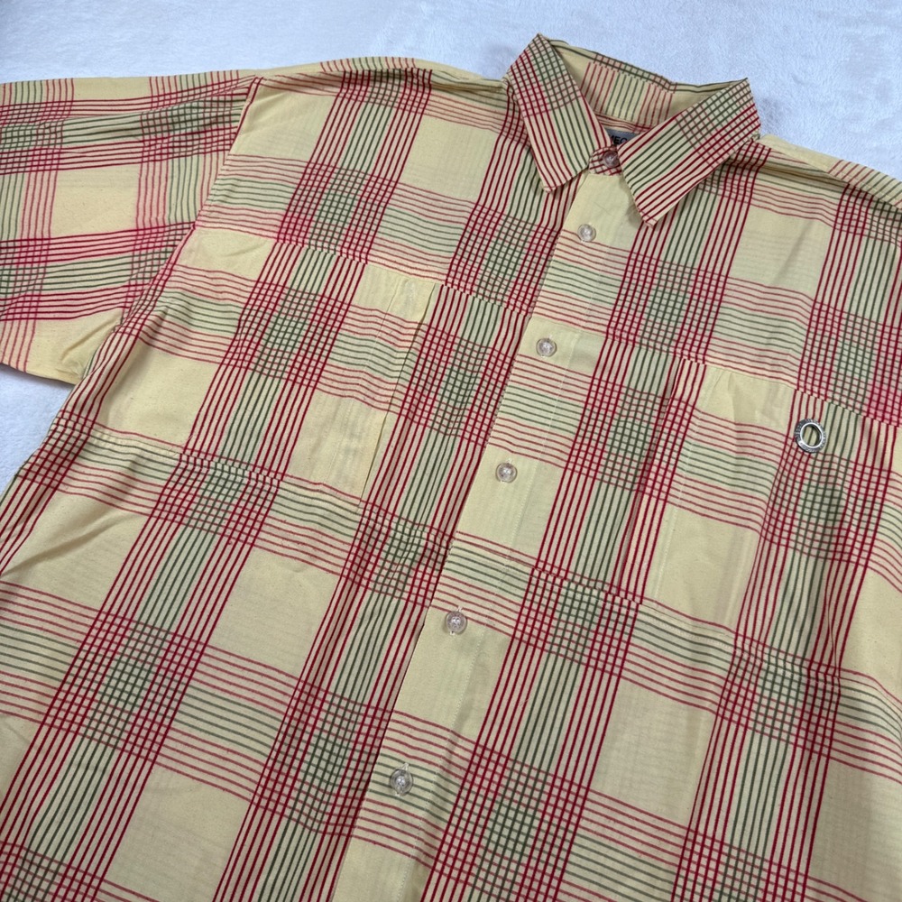 Mecca Since Day One Mens XXL Plaid Short Sleeve Button Up Shirt Yellow Red Green
